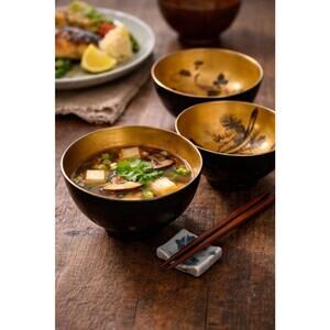 Japanese Antique 1910s 5 Black Lacquer Maki-e Gold Interior Soup Bowls, 4.5x2”